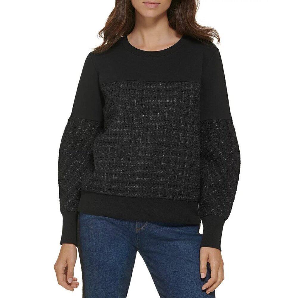 Karl Lagerfeld Metallic Checked Tweed Sweatshirt Black Silver M Mixed Media EUC